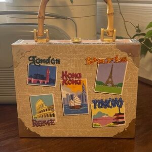 Vintage Cigar Box Handbag with Bamboo Handle Travel Themed